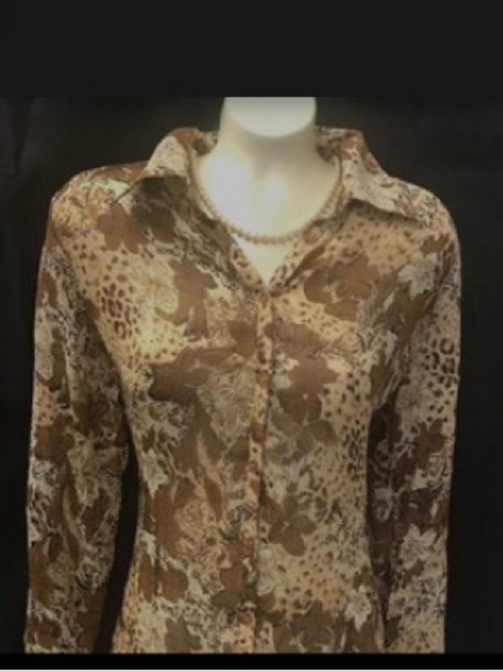 Vintage Claudia Richards Sheer Beige, Tan and Brown Floral Design Blouse.